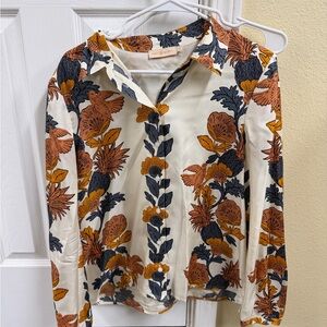 Tory Burch Cream Blouse with Mustard and Charcoal Floral Print